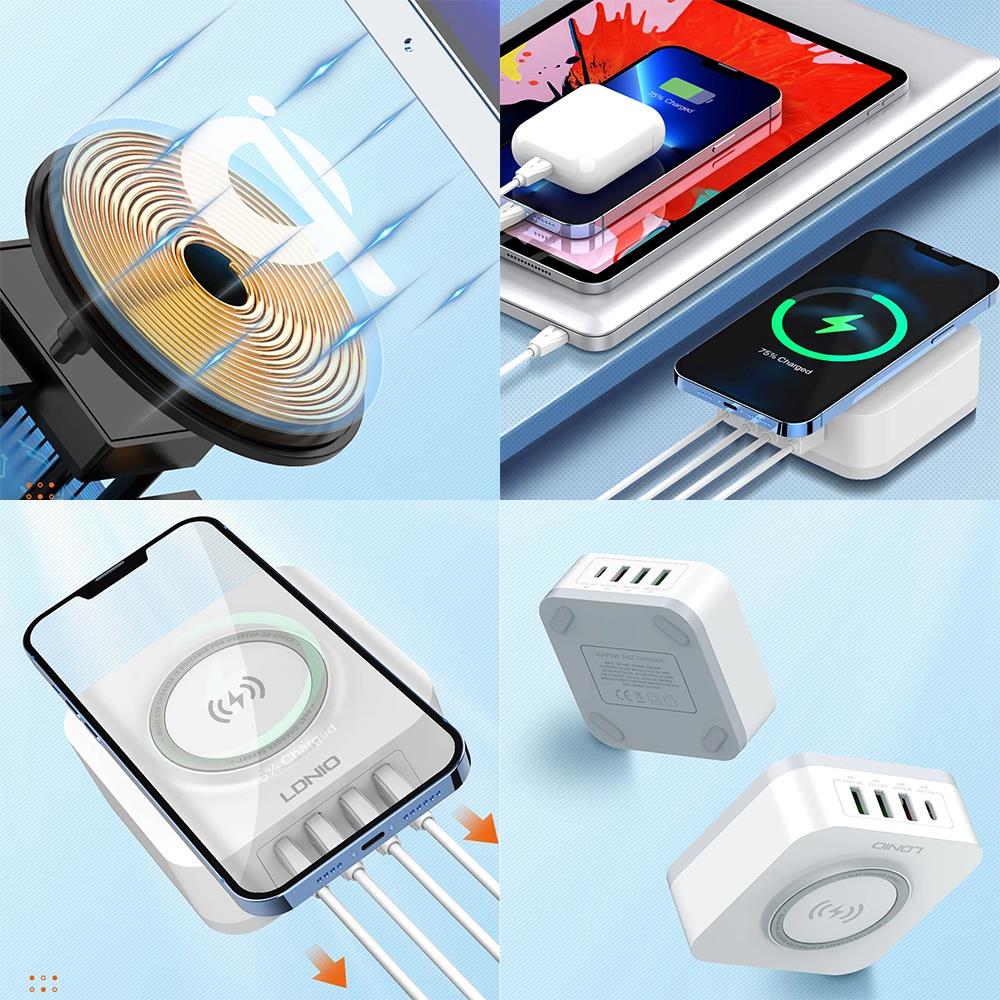 LDNIO 15W Wireless Charger Office Charging Station Mobile Phone 4 USB Ports Cell Phone Wireless Stand Charger – White
