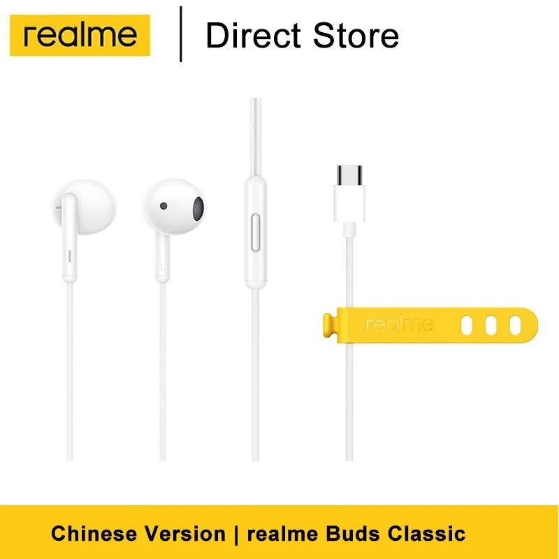 Realme Buds Classic Earphone Type C Half In Ear Wired Music Built in Microphone 14.2mm Large Driver Headset White
