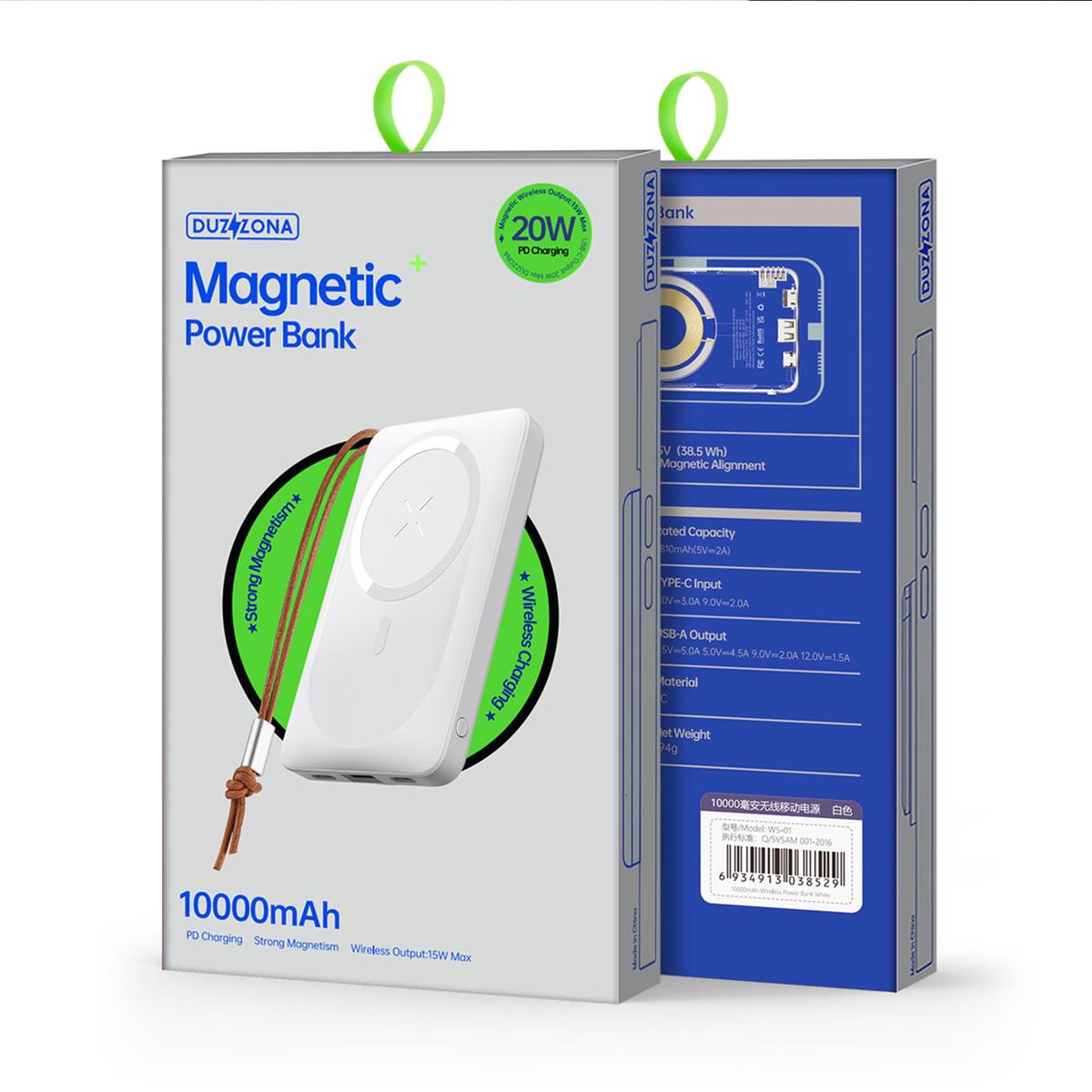 Duzzona magnetic powerbank 10000 mAh with wireless charging function (MagSafe, Qi) USB-A / USB-C 22.5W white