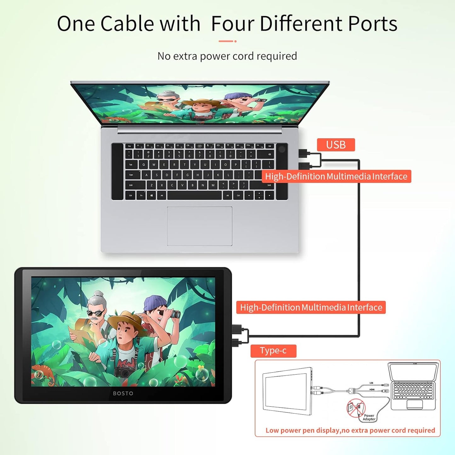 BOSTO 12HD-A H-IPS LCD Graphics Drawing Tablet Monitor 11.6 Inch Size 1366x768 Display 8192 Pressure Level Support Windows MacOS