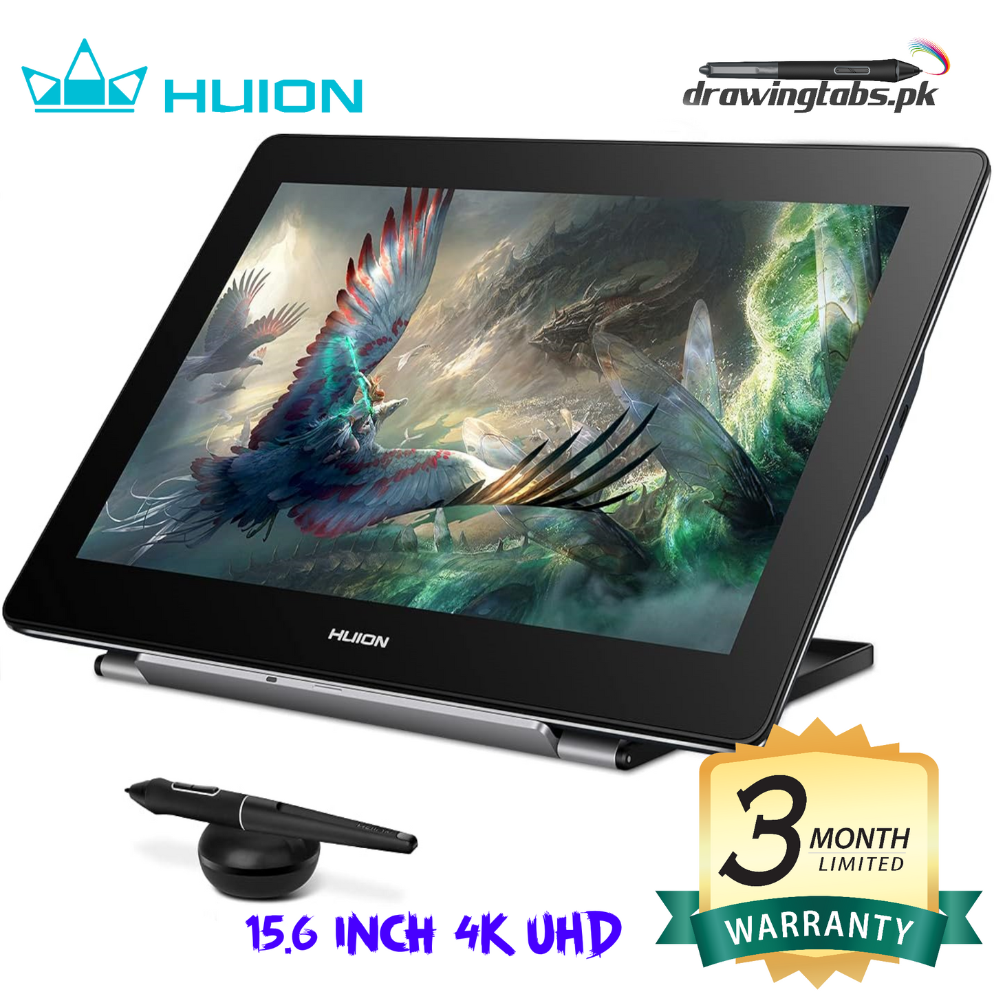 HUION Kamvas Pro 16 Plus 4K UHD Graphics Drawing Tablet with Screen Full Laminated 145% sRGB Art Tablet with Battery-Free Stylus, 15.6-inch Drawing Monitor